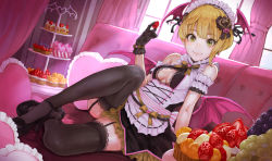 Rule 34 | 1girl, :3, apron, bare shoulders, black gloves, black thighhighs, blonde hair, breasts, cake stand, cleavage, cupcake, curtains, cushion, food, fruit, garter straps, gloves, grapes, green eyes, hair ornament, head wings, heart, high heels, idolmaster, idolmaster cinderella girls, indoors, kaoming, looking at viewer, maid headdress, mary janes, medium breasts, miyamoto frederica, shoes, short hair, shortcake, sitting, sleeveless, smile, solo, strawberry, tart (food), thighhighs, tiered tray, window, wings