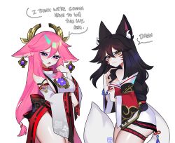 Rule 34 | 2girls, absurdres, ahri (league of legends), animal ear fluff, animal ears, animification, black hair, blush, braid, breasts, brown eyes, crossover, detached sleeves, disgust, english text, fox ears, fox girl, fox tail, frown, genshin impact, hair between eyes, halter shirt, halterneck, highres, i think we&#039;re gonna have to kill this guy steven (meme), japanese clothes, kimono, large breasts, league of legends, medium breasts, meme, mizah (mizah), multiple girls, pink hair, purple eyes, red kimono, red skirt, skirt, tail, trait connection, white background, yae miko