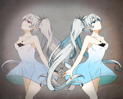 Rule 34 | 1girl, bad id, bad pixiv id, blue eyes, dress, dual persona, jewelry, kesuke, light smile, long hair, necklace, ponytail, red eyes, reflection, rwby, weiss schnee, white hair