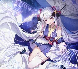 Rule 34 | 1girl, absurdres, arcaea, bare shoulders, bow, cancer (constellation), constellation print, detached sleeves, double bun, gemini (constellation), hair bow, hair bun, highres, holding, holding umbrella, libra (constellation), multicolored hair, nami (arcaea), oil-paper umbrella, pink eyes, pink nails, pisces (constellation), single thighhigh, solo, streaked hair, taurus (constellation), thighhighs, umbrella, white hair, xy wang