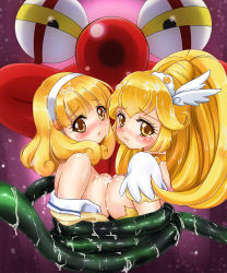 Rule 34 | 10s, 2girls, akanbe (smile precure!), bad id, blonde hair, blush, breast press, breasts, breasts squeezed together, cure peace, dual persona, hair flaps, hairband, head wings, highres, kise yayoi, large breasts, long hair, magical girl, multiple girls, open clothes, open mouth, precure, shibi, smile, smile precure!, symmetrical docking, tears, tentacles, torn clothes, white hairband, wings