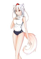 Rule 34 | 1girl, alternate costume, animal ears, bad id, bad pixiv id, bare shoulders, breasts, buruma, guy963852, gym uniform, hand on own chest, hat, inubashiri momiji, large breasts, red eyes, shirt, short hair, silver hair, simple background, solo, tail, tokin hat, touhou, white background, white shirt, wolf ears, wolf tail