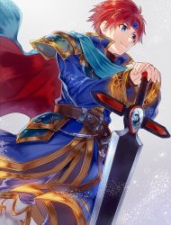 Rule 34 | 1boy, armor, blue eyes, blush, cape, cosplay, durandal (fire emblem), eliwood (fire emblem), eliwood (fire emblem) (cosplay), fire emblem, fire emblem: the binding blade, fire emblem: the blazing blade, fire emblem heroes, highres, holding, holding weapon, male focus, nintendo, official alternate costume, red hair, roy (fire emblem), short hair, smile, solo, weapon