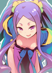 Rule 34 | 1girl, :d, blush, breasts, cleavage, fate/grand order, fate (series), hands on own hips, leaning forward, long hair, looking at viewer, misao (kami no misoshiru), open mouth, purple eyes, purple hair, smile, solo, swept bangs, twintails, wu zetian (fate), wu zetian (first ascension) (fate)