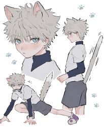 Rule 34 | 1boy, absurdres, animal ear fluff, animal ears, ankle boots, aqua eyes, arm support, blush, boots, cat boy, cat ears, cat tail, expressive tail, fingernails, fish, grey hair, grey shorts, hands on ground, highres, hunter x hunter, kemonomimi mode, killua zoldyck, layered sleeves, long sleeves, looking at viewer, male focus, motion lines, mouth hold, multiple views, outstretched leg, oysi mysi, paw pose, profile, purple footwear, sharp fingernails, short hair, short over long sleeves, short sleeves, shorts, sideways glance, simple background, squatting, surprised, sweat, tail, tail raised, turtleneck, v-neck, white background