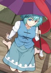 Rule 34 | 1girl, arm support, bad feet, barefoot, breasts, dutch angle, from above, heterochromia, highres, holding, holding umbrella, juliet sleeves, kakone, long sleeves, looking at viewer, medium breasts, puffy sleeves, solo, tatara kogasa, toes, touhou, umbrella, upturned eyes, v-shaped eyebrows, wooden floor