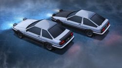 Rule 34 | ae86, car, coupe (heartcatch precure!), from above, hatchback, highres, initial d, lights, motor vehicle, night, no humans, official art, official wallpaper, outdoors, road, smoke, toyota, toyota sprinter trueno, toyota sprinter trueno gt-apex, toyota trueno, vehicle, vehicle focus