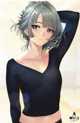 Rule 34 | 1girl, arm behind head, arm up, artist logo, black shirt, blue eyes, blush, breasts, cleavage, closed mouth, collarbone, green eyes, green hair, heterochromia, highres, idolmaster, idolmaster cinderella girls, infinote, lips, long sleeves, looking to the side, midriff, mole, mole under eye, navel, no bra, shirt, short hair, simple background, small breasts, solo, takagaki kaede, upper body, white background