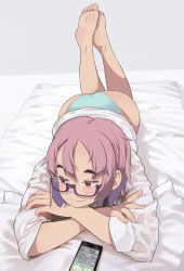 Rule 34 | 1girl, ass, cellphone, commentary request, crossed arms, glasses, highres, lying, neyuki rei, no pants, on stomach, original, panties, phone, pink eyes, pink hair, short hair, smartphone, solo, underwear