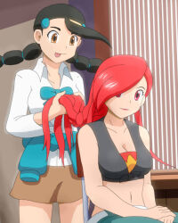 Rule 34 | 2girls, :p, black hair, breasts, brown eyes, candice (pokemon), clothes around waist, creatures (company), crop top, flannery (pokemon), game freak, james donaldson, long hair, long sleeves, medium breasts, miniskirt, multi-tied hair, multiple girls, nintendo, pokemon, pokemon dppt, pokemon oras, red eyes, red hair, skirt, sweater, sweater around waist, tongue, tongue out