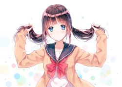 Rule 34 | 1girl, adjusting hair, black hair, blouse, blue eyes, blush, bow, bowtie, cardigan, collarbone, commentary request, eyebrows, highres, hiten (hitenkei), holding, holding own hair, long hair, looking at viewer, original, red bow, red bowtie, school uniform, serafuku, shirt, smile, solo, twintails, twintails day, upper body, white background, white shirt