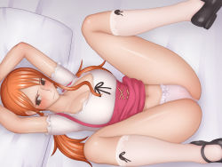 Rule 34 | 1girl, armpits, arms up, bed, blush, breasts, brown eyes, cleavage, closed mouth, crying, embarrassed, from above, groin, large breasts, legs, legs up, long hair, lying, nami (one piece), nami (one piece) (whole cake island), navel, on bed, one piece, orange hair, panties, pillow, ponte, red skirt, shoes, skirt, spread legs, tears, thighs, twintails, underwear