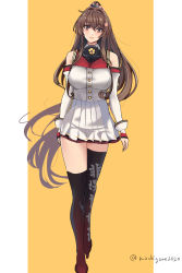 Rule 34 | 1girl, asymmetrical legwear, breasts, brown hair, chamumi (mochiumee), cherry blossoms, clothes writing, clothing cutout, coat, duplicate, flower, full body, gradient footwear, hair flower, hair intakes, hair ornament, kantai collection, large breasts, long hair, looking at viewer, one-hour drawing challenge, pixel-perfect duplicate, pleated skirt, ponytail, red eyes, sakuramon, shoulder cutout, sidelocks, single thighhigh, skirt, sleeveless, sleeveless coat, solo, standing, thighhighs, white skirt, yamato (kancolle), yamato kai ni (kancolle), yellow background