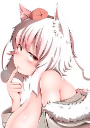 Rule 34 | 1girl, animal ears, bare shoulders, blush, breasts, cleavage, fang, fingernails, hat, highres, inubashiri momiji, large breasts, licking, licking finger, looking at viewer, naughty face, off shoulder, open clothes, pom pom (clothes), red eyes, sharp fingernails, shishi juuroku, short hair, sidelocks, smile, solo, thick eyebrows, tokin hat, touhou, upper body, white hair, wolf ears
