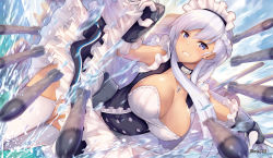 Rule 34 | 1girl, apron, artist name, azur lane, belfast (azur lane), blue eyes, blue sky, blurry, blurry foreground, blush, braid, breasts, cannon, chain, cleavage, clothes lift, collar, collarbone, corset, day, dress, dress lift, french braid, frilled gloves, frills, garter straps, gloves, large breasts, lifting own clothes, long hair, looking at viewer, machinery, maid, maid headdress, ocean, outdoors, parted lips, rigging, satou daiji, sidelocks, silver hair, skindentation, sky, smile, solo, splashing, thighhighs, thighs, torpedo, turret, white gloves, white thighhighs