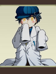 Rule 34 | 1girl, aged down, atlus, blue hair, blue hat, blush, dark persona, hat, lab coat, necktie, oversized clothes, pen, persona, persona 4, scanlines, shadow (persona), shirogane naoto, short hair, sleeves past wrists, solo, tokiwa (mukoku), yellow eyes