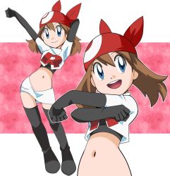 Rule 34 | 1girl, bandana, black gloves, blue eyes, breasts, brown hair, closed mouth, cosplay, creatures (company), elbow gloves, game freak, gloves, hainchu, jessie (pokemon), jessie (pokemon) (cosplay), long hair, looking at viewer, may (pokemon), midriff, multiple views, navel, nintendo, open mouth, pokemon, pokemon (anime), pokemon rse (anime), simple background, skirt, smile, solo, team rocket, team rocket uniform, thighhighs