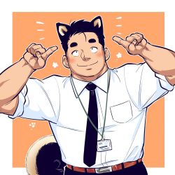 Rule 34 | 1boy, animal ears, bara, black hair, blush, cat boy, cat ears, cat tail, cowboy shot, hands up, happy aura, highres, id card, looking up, loose hair strand, male focus, mature male, original, r-te (restricted te), salaryman, short hair, sleeves rolled up, small hands, solo, tail, thick eyebrows