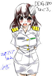 Rule 34 | 1girl, arms behind back, blush, brown eyes, brown hair, dated, haguro (jmsdf), haguro (kancolle), highres, japan maritime self-defense force, japan self-defense force, k.m.station, kantai collection, looking at viewer, military, military uniform, name tag, naval uniform, open mouth, uniform