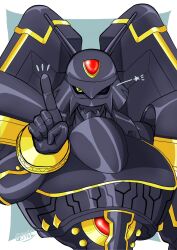 Rule 34 | alphamon, digimon, digimon (creature), highres, looking at viewer, one eye closed, solo, star (symbol), wink, yellow eyes