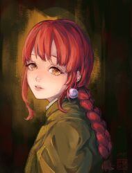 Rule 34 | 1girl, artist name, braid, braided ponytail, brown jacket, earrings, fine art parody, from side, girl with a pearl earring, green background, highres, jacket, jewelry, long hair, looking at viewer, looking to the side, multicolored background, orange eyes, parody, pearl earrings, piro (piropoi), red hair, single braid, solo, teeth, upper body
