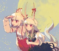 Rule 34 | 2girls, bow, bug, commentary request, dress, ex-keine, fireflies, firefly, fujiwara no mokou, full moon, green dress, green hair, hair bow, horn bow, horn ornament, horns, insect, itomugi-kun, kamishirasawa keine, long hair, long sleeves, moon, multiple girls, night, night sky, open mouth, outdoors, pants, puffy short sleeves, puffy sleeves, red bow, red eyes, red pants, shirt, short sleeves, sky, suspenders, tail, touhou, white bow, white hair, white shirt