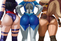 absurdres ass ass_focus black_hair blonde_hair blue_bodysuit bodysuit from_behind highleg highres huge_ass leotard marvel marvel_rivals psylocke purple_leotard sadxkingart squirrel_girl squirrel_girl_(marvel) squirrel_tail sue_storm superhero_costume tail thick_thighs thighs two-tone_bodysuit