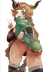 Rule 34 | 10s, 1girl, ass, bad id, bad twitter id, black panties, black thighhighs, blush, bracelet, braid, breasts, carmelina (granblue fantasy), clothes lift, draph, dress, dress lift, from behind, granblue fantasy, green dress, green eyes, hair ornament, jewelry, large breasts, light brown hair, long hair, looking at viewer, looking back, panties, pointy ears, purupuru, scissors, scissors hair ornament, short dress, simple background, solo, thighhighs, tongue, tongue out, twin braids, underboob, underwear, v, white background