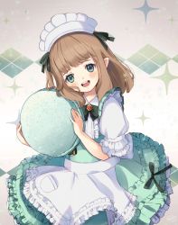 Rule 34 | 1girl, apron, blush, brown hair, dress, final fantasy, final fantasy xiv, food, frilled dress, frills, green dress, green eyes, highres, lalafell, long hair, looking at viewer, macaron, maid apron, maid headdress, open mouth, peachy michi, pointy ears, ribbon, sitting, solo