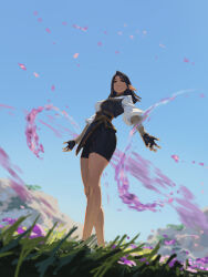 Rule 34 | 1girl, black shorts, breasts, closed mouth, day, from below, full body, grass, highres, hydrokinesis, kan liu (666k), long sleeves, looking at viewer, medium breasts, original, outdoors, puffy long sleeves, puffy sleeves, shirt, shorts, sky, sleeves past elbows, solo, standing, water, white shirt