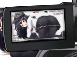 Rule 34 | 10s, 1girl, akatsuki (kancolle), all fours, ass, black hair, black pantyhose, blurry, blush, camcorder, camera, depth of field, feet, from behind, hat, kantai collection, long hair, looking at viewer, looking back, no shoes, open mouth, pantyhose, pleated skirt, pov, purple eyes, recording, school uniform, serafuku, skirt, solo, takitsubo, thigh gap, thighs, video camera
