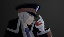 Rule 34 | 1boy, black coat, black hat, blue necktie, closed mouth, coat, collared shirt, creatures (company), dress shirt, from side, game freak, gloves, grey eyes, grey hair, hand up, hat, high collar, holding, holding poke ball, ingo (pokemon), jaho, long sideburns, long sleeves, male focus, necktie, nintendo, peaked cap, poke ball, poke ball (basic), pokemon, pokemon bw, portrait, shirt, short hair, sideburns, solo, trench coat, white gloves, white shirt