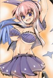 Rule 34 | 1girl, bikini, bikini top only, blue eyes, blush, breasts, cleavage, hair ribbon, hairband, large breasts, looking at viewer, midriff, necktie, open mouth, personification, pink hair, pom pom (cheerleading), ponytail, ranger (warship girls r), ribbon, skirt, smile, solo, swimsuit, warship girls r, yamoto