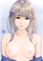 Rule 34 | 1girl, absurdres, bad id, bad pixiv id, breasts, collarbone, eyelashes, flower, gradient background, hair flower, hair ornament, highres, japanese clothes, kimono, light smile, lips, long hair, looking at viewer, nipples, off shoulder, original, purple background, purple eyes, silver hair, sketch, small breasts, solo, sweetsoupman, upper body
