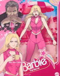 Rule 34 | 1girl, barbie (character), barbie (franchise), barbie (live action), black jacket, blonde hair, blue eyes, cup, earrings, gendou pose, grey hair, hands clasped, highres, holding, holding cup, jacket, jewelry, kamii (gloominny), long hair, looking at viewer, mattel ceo (barbie), meme, neckerchief, necktie, neon genesis evangelion, old, old man, own hands clasped, own hands together, pants, pink nails, pink neckerchief, pink necktie, pink pants, scene reference, shinji holding a mug (meme), shirt, sleeveless, sleeveless shirt, star (symbol), star earrings, wide-eyed