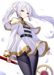 Rule 34 | 1girl, belt, belt buckle, black belt, black pantyhose, buckle, capelet, closed mouth, commentary request, dress, duplicate, earrings, elf, frieren, green eyes, grey hair, highres, holding, holding staff, jewelry, long hair, orb, pantyhose, parted bangs, pixel-perfect duplicate, pointy ears, ririko (zhuoyandesailaer), short eyebrows, simple background, smile, solo, sousou no frieren, staff, thick eyebrows, thighband pantyhose, twintails, very long hair, white background, white capelet, white dress