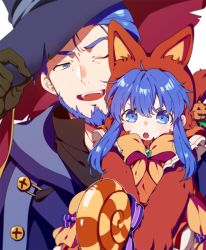 Rule 34 | 1boy, 1girl, animal hat, beard, blue eyes, blue hair, cat hat, facial hair, father and daughter, fire emblem, fire emblem: the blazing blade, fire emblem heroes, gloves, halloween costume, hat, hector (fire emblem), hector (halloween) (fire emblem), inha (ingha), lilina (fire emblem), nintendo, one eye closed, open mouth, pumpkin, witch hat