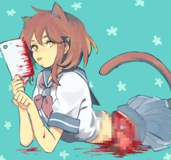 Rule 34 | 1girl, animal ears, aqua background, bleeding, blood, blood drip, blood from mouth, blood on face, blood splatter, blue sailor collar, blue skirt, bob cut, breasts, brown hair, cat ears, cat girl, cat tail, censored, censored violence, closed mouth, commentary request, crop top, expressionless, from side, guro, half-closed eyes, hands up, heart, heart censor, holding, kao (kaoree), licking, licking blood, looking at viewer, looking to the side, lying, medium hair, miniskirt, mosaic censoring, neckerchief, on stomach, original, pleated skirt, red neckerchief, sailor collar, shirt, short sleeves, sidelocks, simple background, skirt, sleeve cuffs, small breasts, solo, tail, thick eyebrows, tongue, tongue out, white shirt, yellow eyes