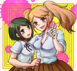 Rule 34 | 2girls, alternate costume, arm around another, arm around shoulder, arm around waist, arm up, black hair, black ribbon, blonde hair, blood, blood splatter, blush, bra, breasts, brown skirt, collarbone, collared shirt, danganronpa: trigger happy havoc, danganronpa (series), enoshima junko, eyebrows, eyebrows hidden by hair, freckles, grey eyes, hand up, happy, ikusaba mukuro, incest, large breasts, long hair, looking at another, looking at viewer, medium breasts, medium hair, multicolored background, multiple girls, neck ribbon, nose, open mouth, parted bangs, partially unbuttoned, pink blood, pleated skirt, red bra, ribbon, shirt, siblings, simple background, sisters, skirt, smile, surprised, teeth, tongue, twincest, twins, twintails, underwear, upper body, upper teeth only, v, white background, white shirt, yellow background, yuri