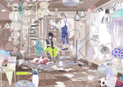 Rule 34 | 2boys, black hair, blue eyes, book, cat, ceiling fan, chandelier, dog, grey hair, headphones, highres, holding, hpknight, ladder, lamp, loaded interior, looking at viewer, multiple boys, notepad, original, overalls, pale color, rug, slippers, smile, spiral staircase, stairs, stuffed animal, stuffed toy, teddy bear, track suit