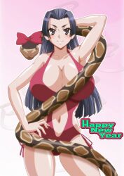Rule 34 | 1girl, alternate breast size, arm behind head, arm up, armpits, bare arms, bare shoulders, black hair, bow, breasts, casual one-piece swimsuit, cleavage, closed mouth, commentary request, ekaterina (railgun), feet out of frame, firewarstorm, gradient background, hand on own hip, happy new year, highres, huge breasts, kongou mitsuko, light blush, long hair, looking at viewer, navel, new year, one-piece swimsuit, pink background, python, red bow, red one-piece swimsuit, smile, snake, solo, standing, stomach, swimsuit, toaru kagaku no railgun, toaru majutsu no index, v-shaped eyebrows, white background
