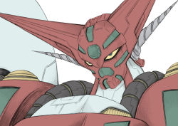 Rule 34 | commentary request, getter robo, glaring, green eyes, hidefu kitayan, highres, horns, mecha, no humans, robot, shin getter-1, shin getter robo, solo, white background