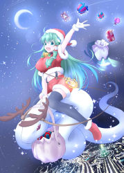 Rule 34 | 1girl, :d, ahoge, alternate costume, arm up, bag, boots, box, breasts, christmas, christmas tree, city, city lights, commentary request, crescent moon, crop top, dutch angle, fake antlers, flying, frog hair ornament, fur trim, gift, gift box, gloves, green eyes, green hair, hair ornament, hair tubes, hat, highres, kochiya sanae, lantern, large breasts, lens flare, long hair, looking at viewer, midriff, mishaguji, moon, night, night sky, open hand, open mouth, outdoors, popomu, santa boots, santa costume, santa hat, short sleeves, shorts, sitting on animal, sky, sleigh, smile, snake, snake hair ornament, solo, sparkle, star (sky), starry sky, stuffed animal, stuffed toy, teddy bear, touhou, very long hair, white gloves