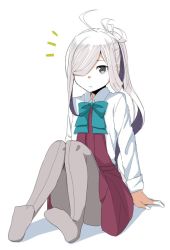 Rule 34 | 1girl, ahoge, asashimo (kancolle), bow, bowtie, convenient leg, dress, full body, grey eyes, grey pantyhose, hair over one eye, halterneck, kantai collection, long hair, long sleeves, looking at viewer, moti coi, no shoes, pantyhose, ponytail, purple dress, school uniform, shirt, silver hair, simple background, sitting, solo, wavy mouth, white background, white shirt