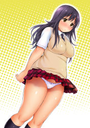 Rule 34 | 1girl, absurdres, black hair, blush, breasts, brown eyes, clothes lift, highres, large breasts, long hair, mikan kougyou, original, panties, plump, purple hair, skirt, skirt lift, solo, standing, thick thighs, thighs, underwear, wide hips