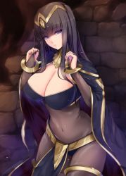 Rule 34 | 1girl, black hair, black nails, black panties, breasts, bridal gauntlets, cape, cleavage, commentary request, covered navel, fingernails, fire emblem, fire emblem awakening, highres, jewelry, kirishima satoshi, loincloth, long hair, long sleeves, looking at viewer, medium breasts, nail polish, nintendo, panties, parted lips, pelvic curtain, purple eyes, shiny clothes, simple background, skin tight, solo, tharja (fire emblem), tiara, turtleneck, underwear
