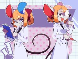 Rule 34 | 1girl, :d, animal crossing, animal ears, black necktie, breasts, bright pupils, clipboard, collared shirt, cowboy shot, furry, furry female, grin, lab coat, laughing, long sleeves, mouse ears, mouse girl, mouse tail, multiple views, necktie, nessiefynn, nintendo, open mouth, pen, petri (animal crossing), polka dot, polka dot background, round eyewear, shirt, small breasts, smile, syringe, tail, white pupils, writing
