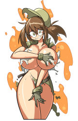 Rule 34 | 1girl, absurdres, angry, backsu, bare shoulders, breasts, brown hair, covering privates, covering breasts, curvy, fio germi, glasses, gloves, hat, highres, huge breasts, looking down, metal slug, ponytail, sleeveless, torn clothes