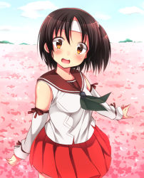 Rule 34 | 10s, 1girl, bare shoulders, black hair, blush, breasts, brown eyes, detached sleeves, flower, hair ornament, headband, japanese clothes, kantai collection, looking at viewer, medium breasts, miko, nagara (kancolle), one side up, open mouth, pleated skirt, ponytail, ribbon, school uniform, serafuku, short hair, side ponytail, sk02, skirt, smile, solo