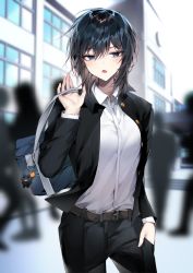 Rule 34 | 1girl, absurdres, bag, bara (03 bara ), belt, black hair, black jacket, black pants, blouse, blue eyes, blurry, blush, brown belt, collared shirt, commentary request, crowd, day, depth of field, hair between eyes, hand in pocket, hand up, highres, holding, holding bag, jacket, long sleeves, looking at viewer, open mouth, original, outdoors, pants, people, school uniform, shirt, short hair, solo focus, white shirt, yokoyama ishimi